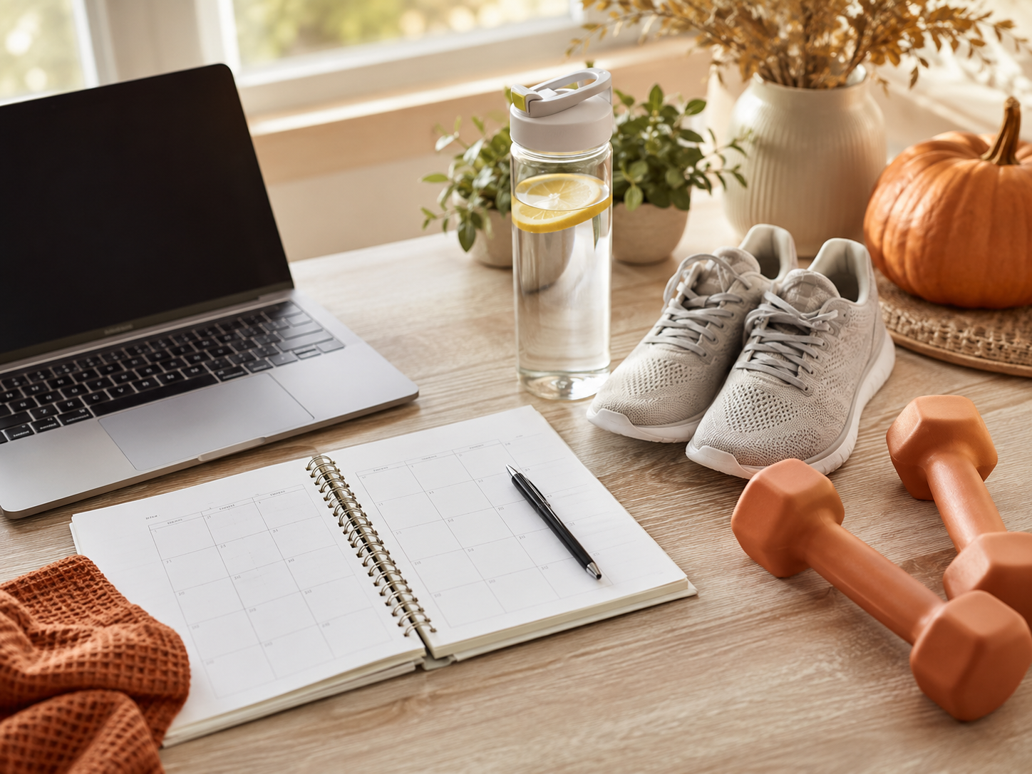 Home fitness setup with dumbbells, workout shoes, planner, laptop and water bottle for a post-summer fitness reset.