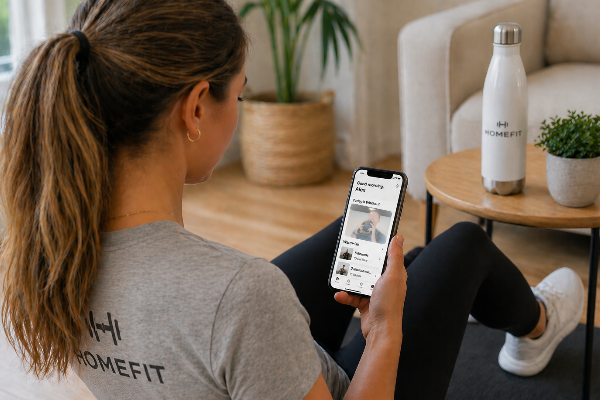 Female using fitness app on phone while exercising at home, following personalized workout plan through HOMEFIT training app