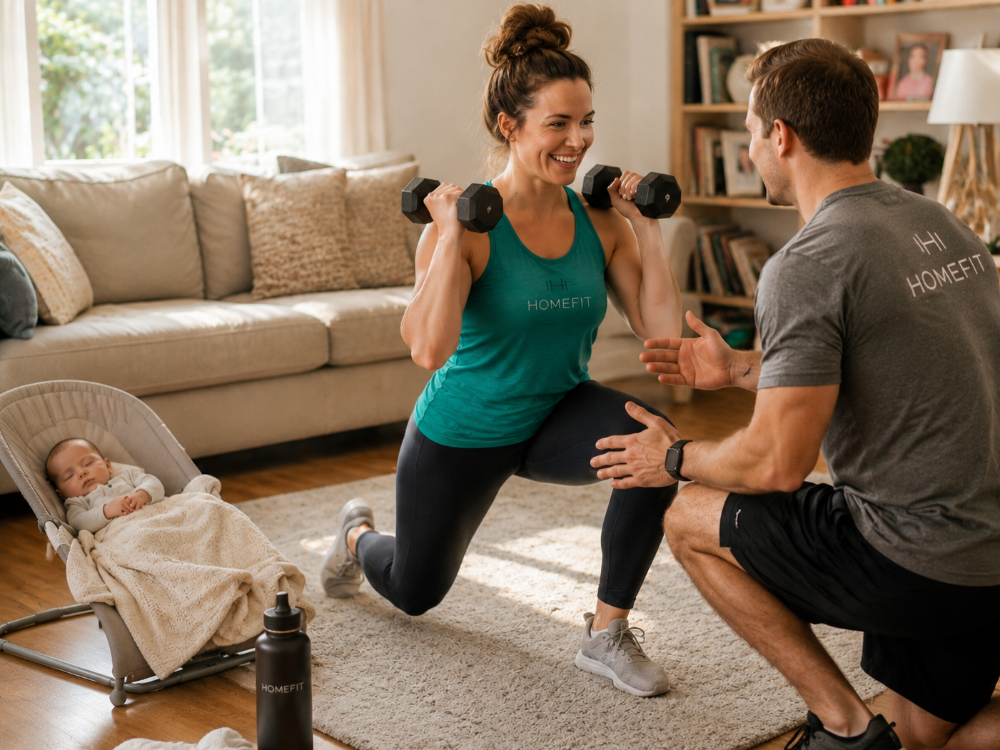 A smiling mother wearing a teal HOMEFIT tank top holds a baby on one hip while carrying a reusable grocery bag filled with fresh produce in a bright modern kitchen, highlighting functional strength, active parenting, and healthy in home living.
