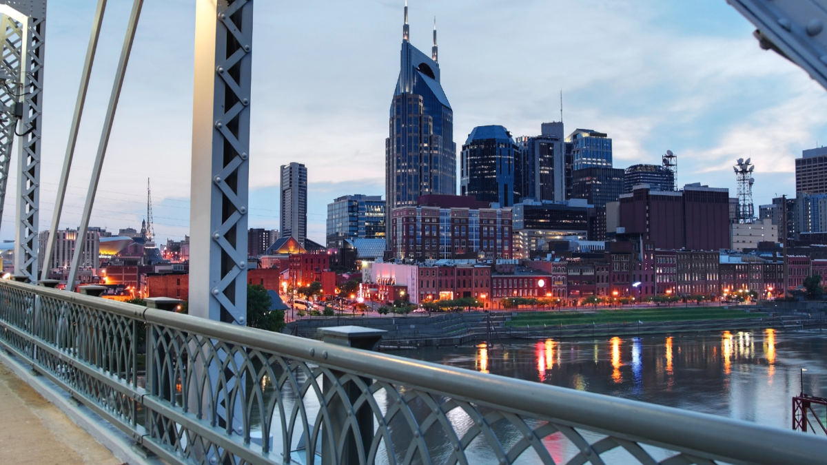 Downtown Nashville skyline looking off a bridge