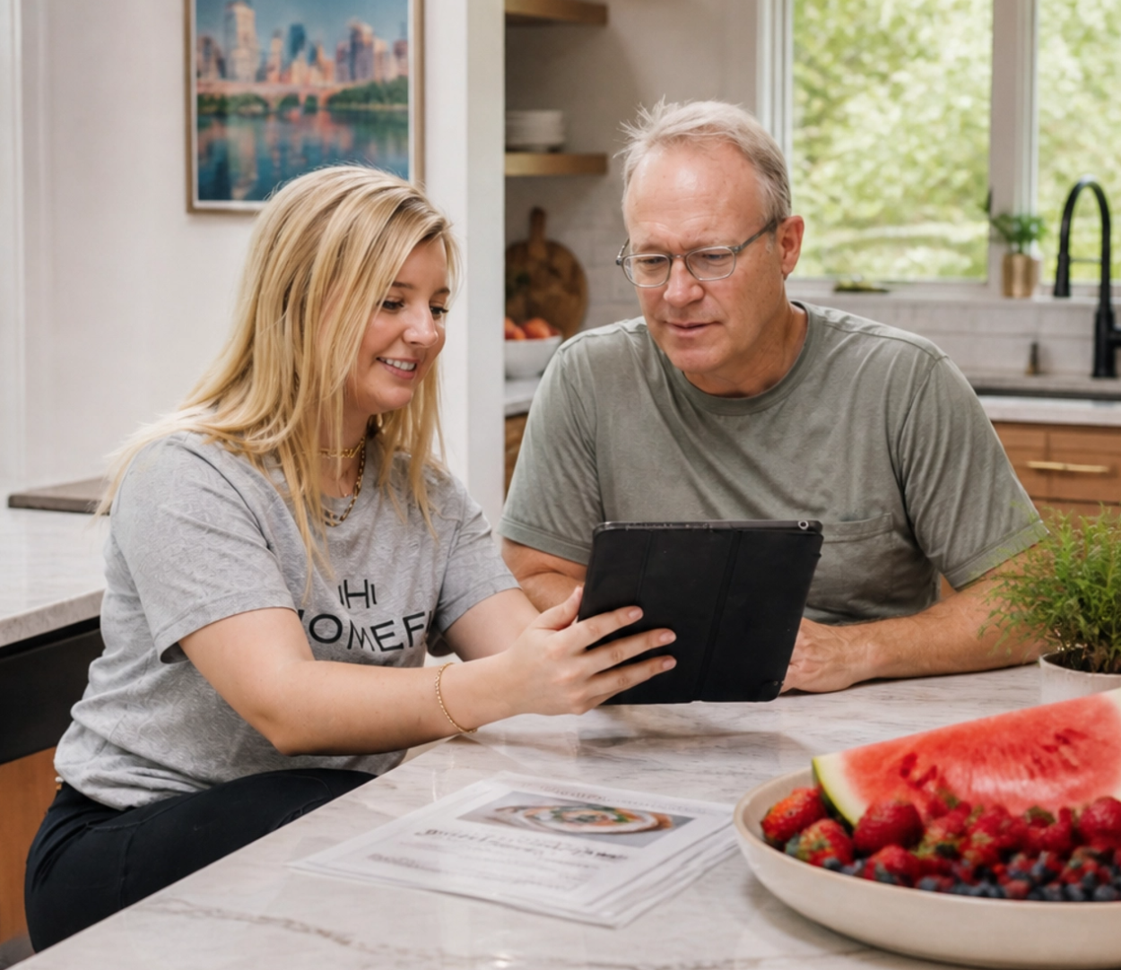 HOMEFIT coach reviewing a nutrition and wellness plan with a client on a tablet in a modern kitchen, highlighting personalized health coaching and healthy lifestyle guidance.