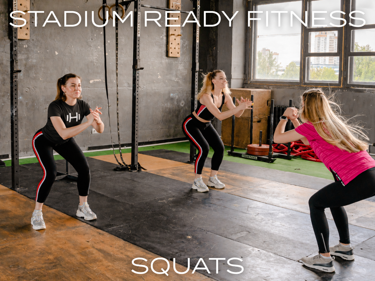 Group performing squats during a HOMEFIT personal training workout focused on lower body strength and stadium ready fitness.