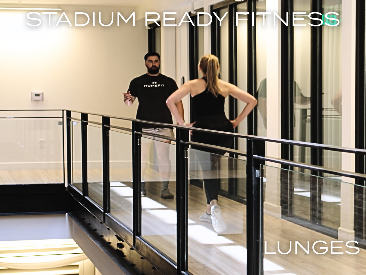 Woman performing walking lunges with a HOMEFIT personal trainer during a functional fitness workout for game day strength and endurance.