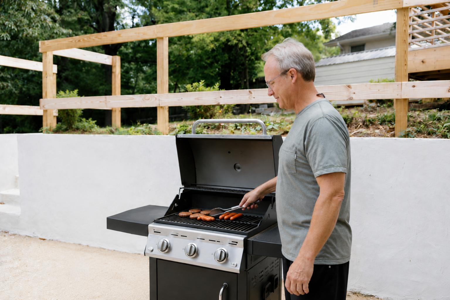 Labor Day weekend cookout with burgers and hot dogs on the grill, showing how fitness and healthy routines can fit into holiday plans.