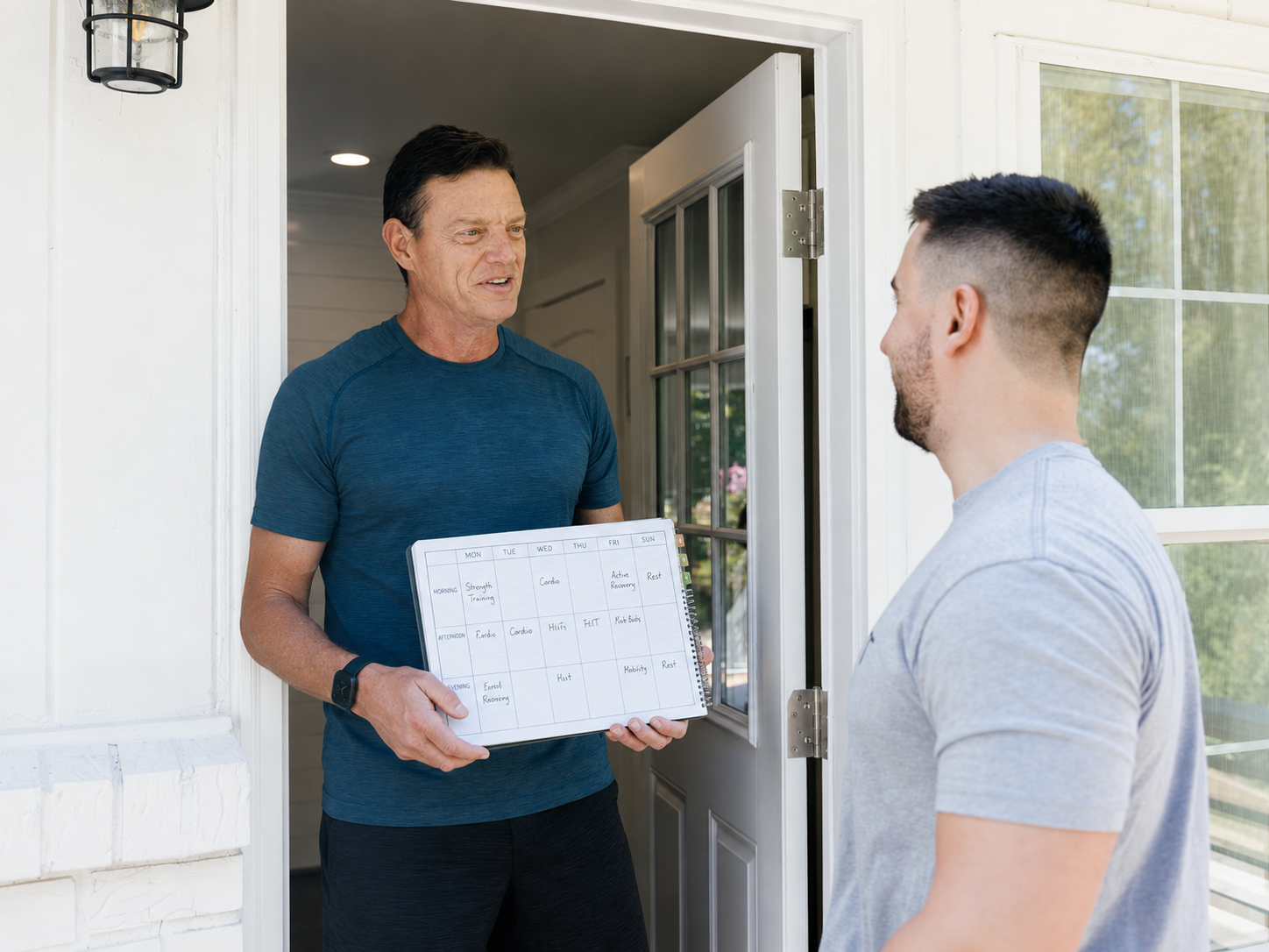 Client reviews a weekly fitness calendar with a HOMEFIT trainer at the front door of his home.