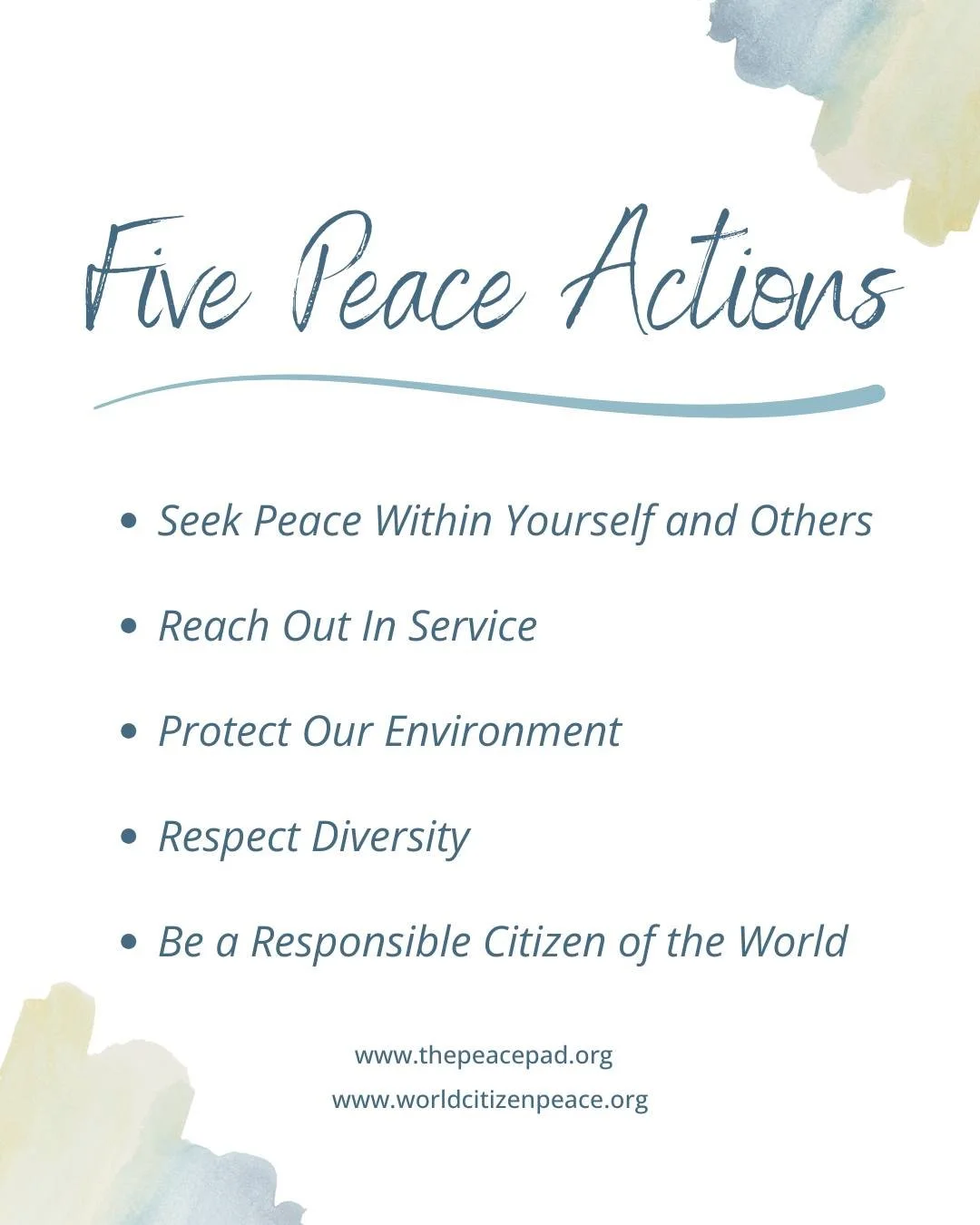We LOVE the Five Peace Actions! 💗  A universal shared language that is interpreted and implemented by individuals, local communities, schools and more!

The Five Peace Actions were developed by the non-profit organization World Citizen (1972), who s