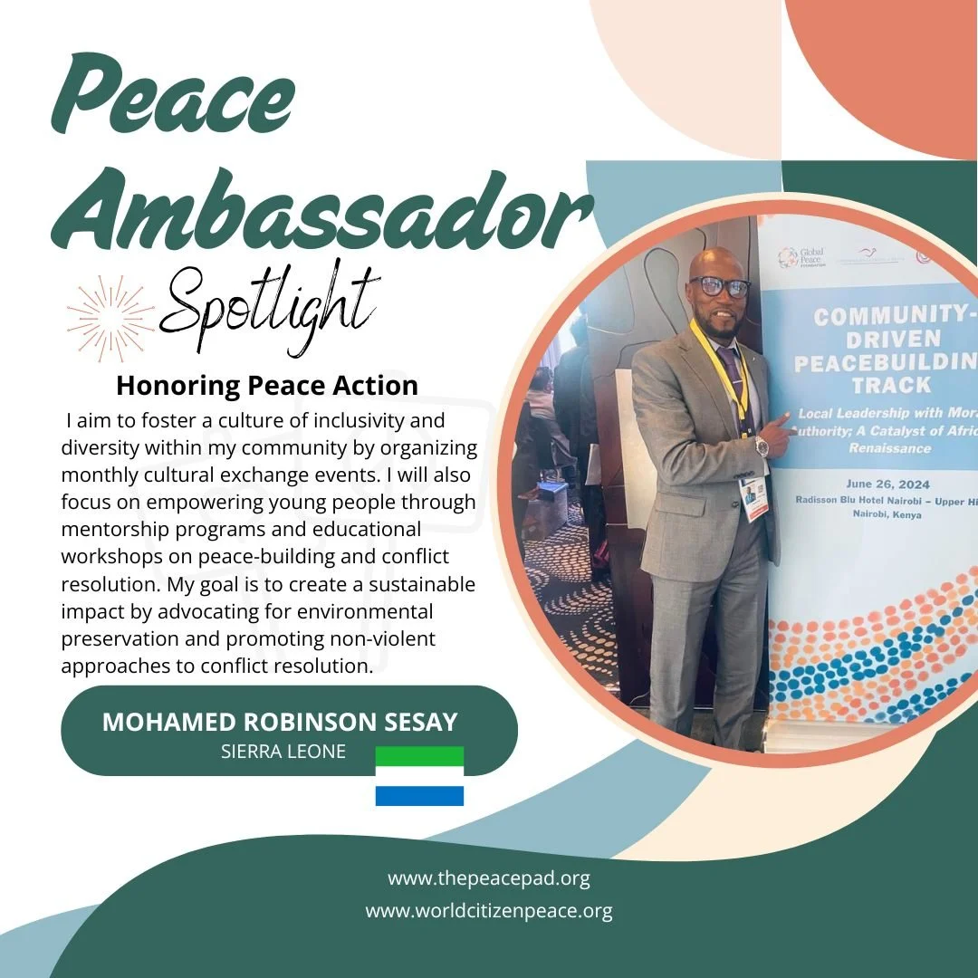 How wonderful to spotlight the efforts of World Citizen Peace Ambassador Mohamed Robinson Sesay from Sierra Leone!

"I aim to foster a culture of inclusivity and diversity within my community by organizing monthly cultural exchange events. I wil