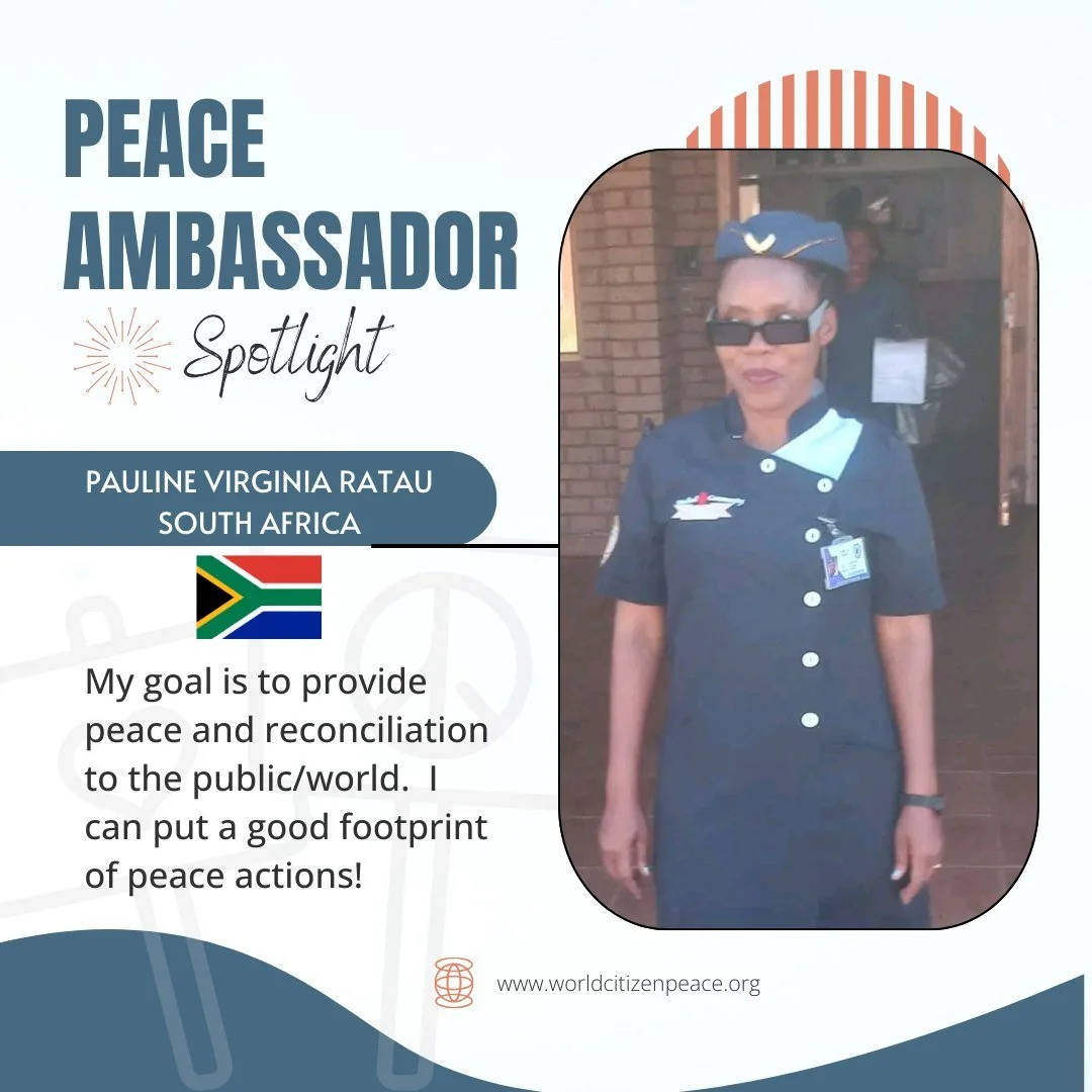 🔆 Spotlight on Peace Ambassador Pauline Virginia Ratau (South Africa) whose goal is to provide peace and reconciliation to the public/world. "I can put a good footprint of peace actions!"

What peace action footprint are you making this we