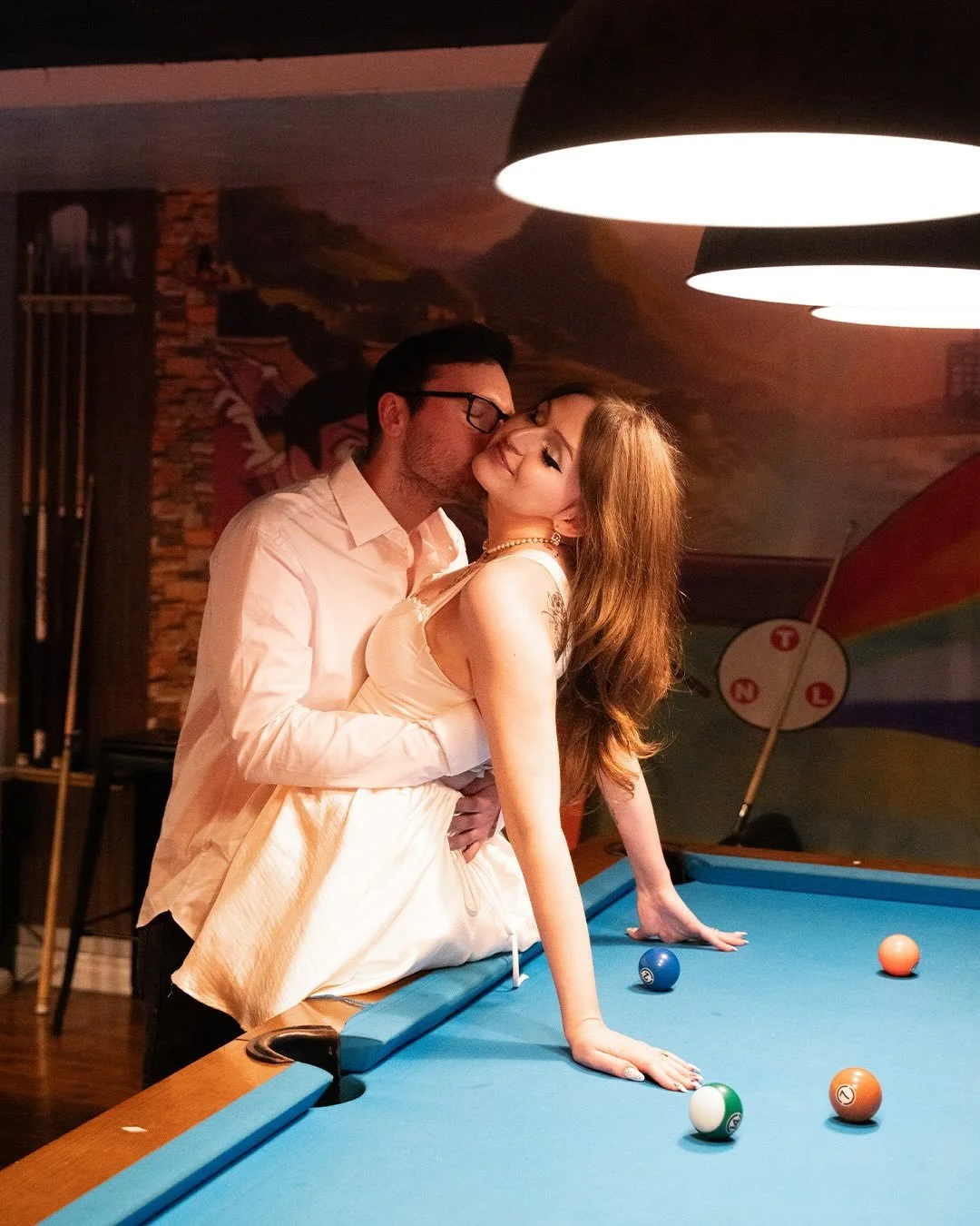 Retro Pool Hall Photoshoot @tnl_zone 🎱🎞️ 
For Sophie &amp; Joseph&rsquo;s Engagement💍

A Toronto Wedding Photographer that makes@your photos feel retro, straight out of a romcom! 
#torontoweddingphotographer #torontoweddingphotography #torontowedd