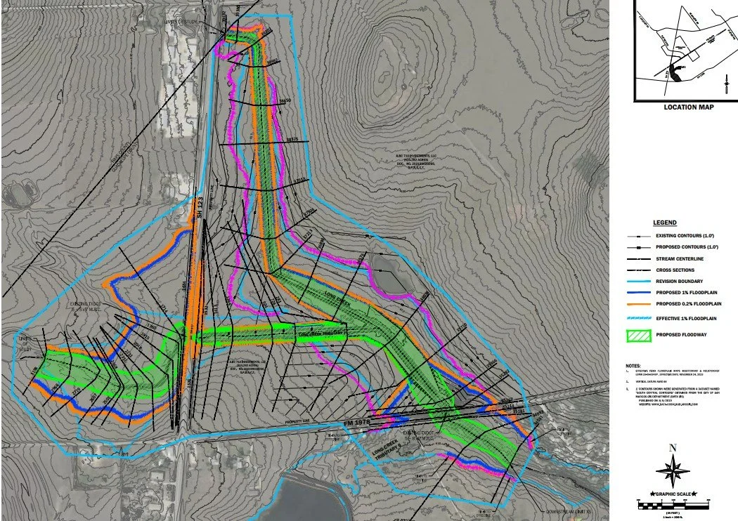 Map showing a drainage or flood control plan with color-coded zones, drainage pathways, and contour lines indicating terrain elevation, boundaries, and proposed floodways development.