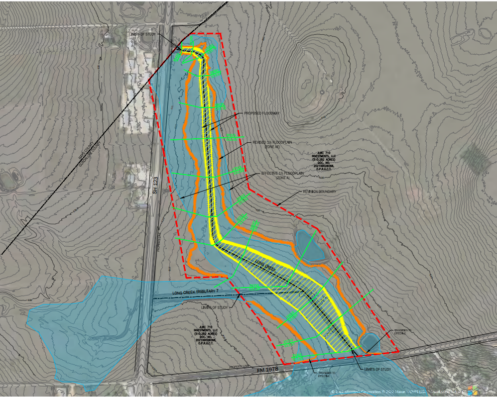 Map showing a drainage or flood control plan with color-coded zones, drainage pathways, and contour lines indicating terrain elevation, boundaries, and proposed floodways development.