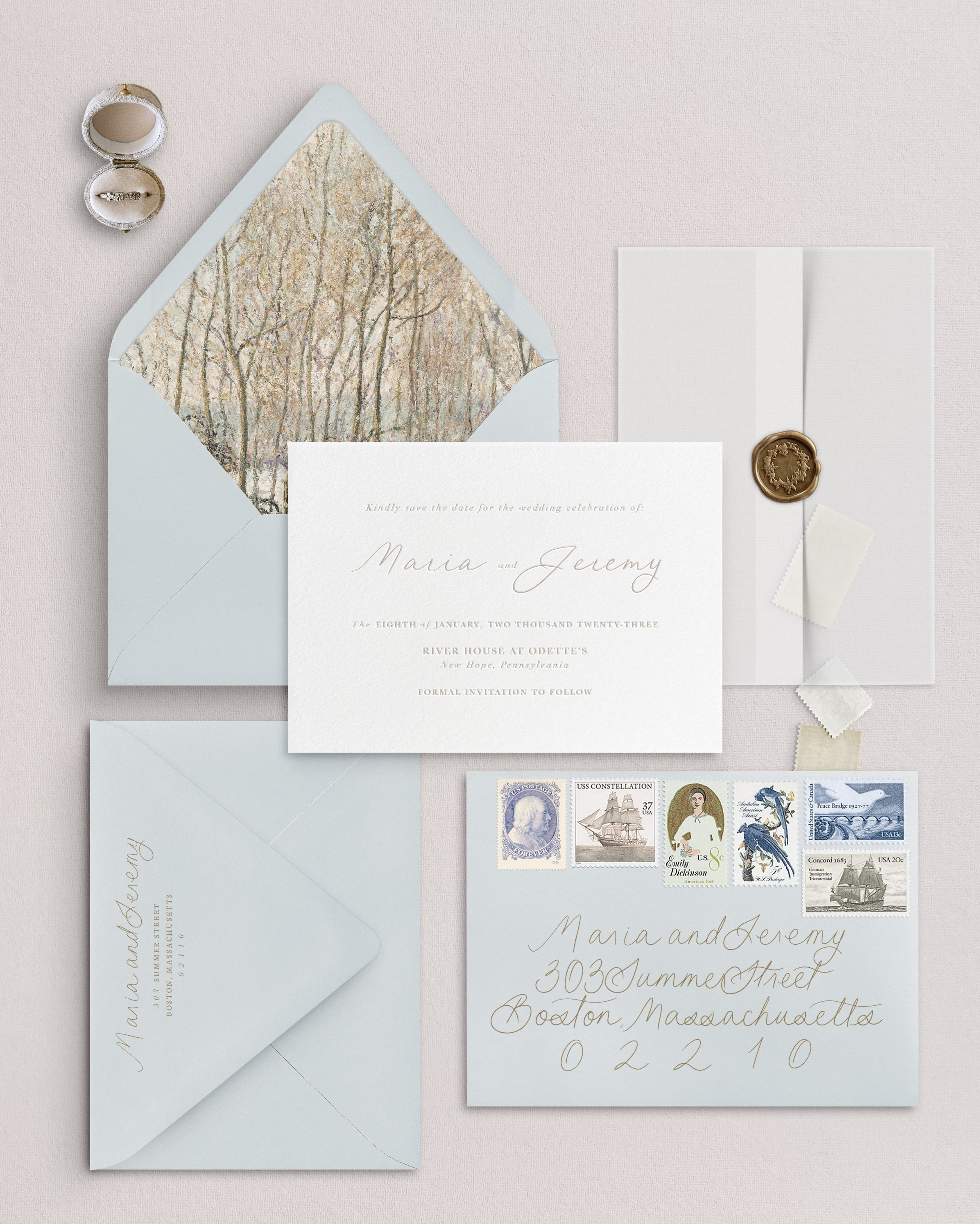 Minimalistic semi custom wedding save the date in muted blue tones
