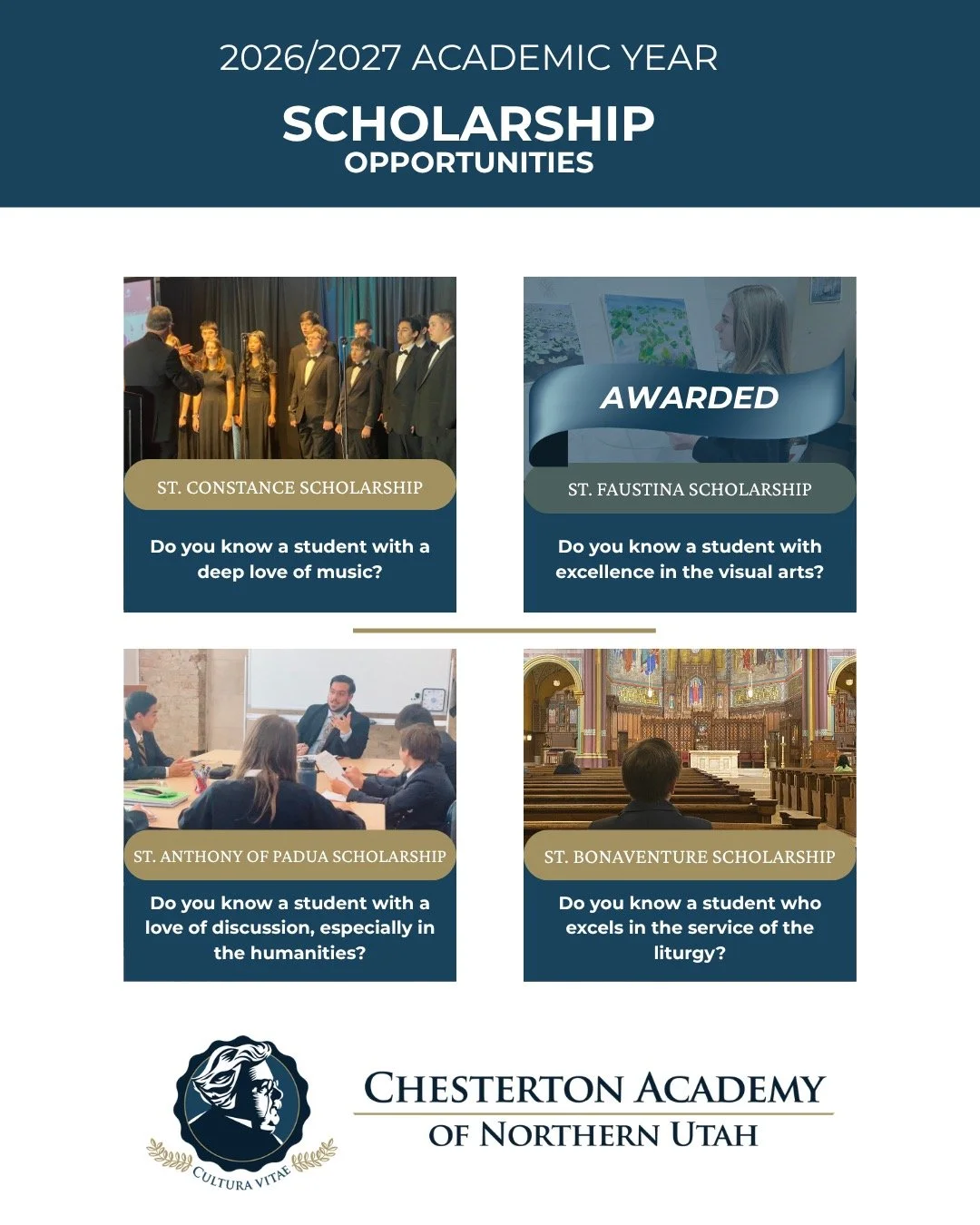 Last opportunity to nominate a student for one of our three remaining scholarships for the 2026/2027 academic year.
In addition to needs-based financial aid, Chesterton Academy of Northern Utah offers four scholarships of $500 each for incoming fresh