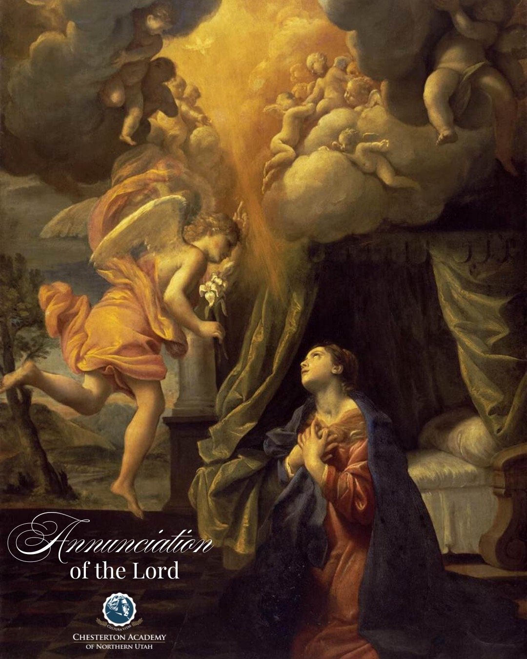 Solemnity of the Annunciation of the Lord

Annunciation
Salvation to all that will is nigh;
That All, which always is all everywhere,
Which cannot sin, and yet all sins must bear,
Which cannot die, yet cannot choose but die,
Lo, faithful virgin, yiel