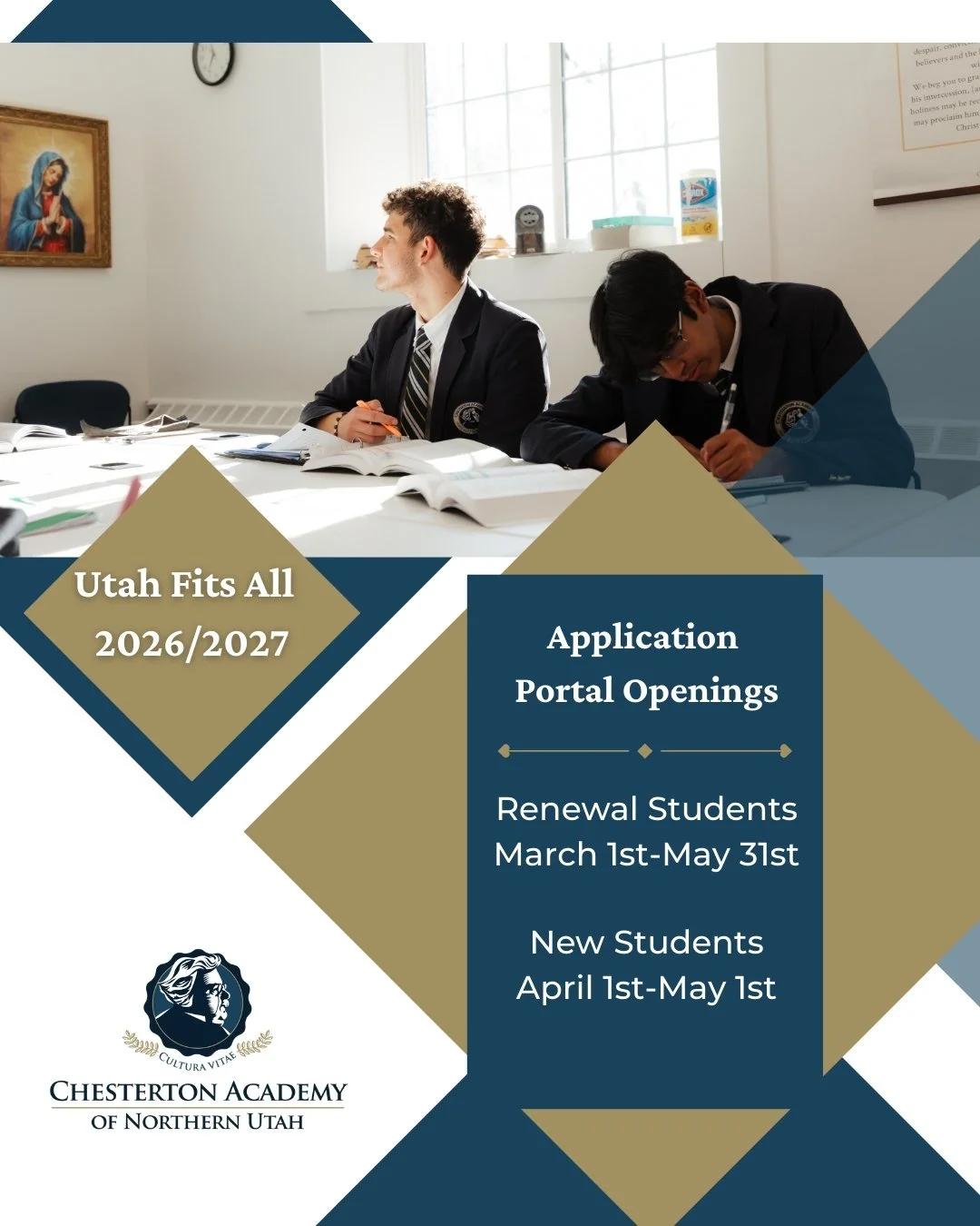 Chesterton Academy of Northern Utah was an Utah Fits All approved school for 2025/2026 academic year. The 2026/2027 UFA scholarship portal window has opened for returning students and will open for new students on April 1st. Act on this opportunity q