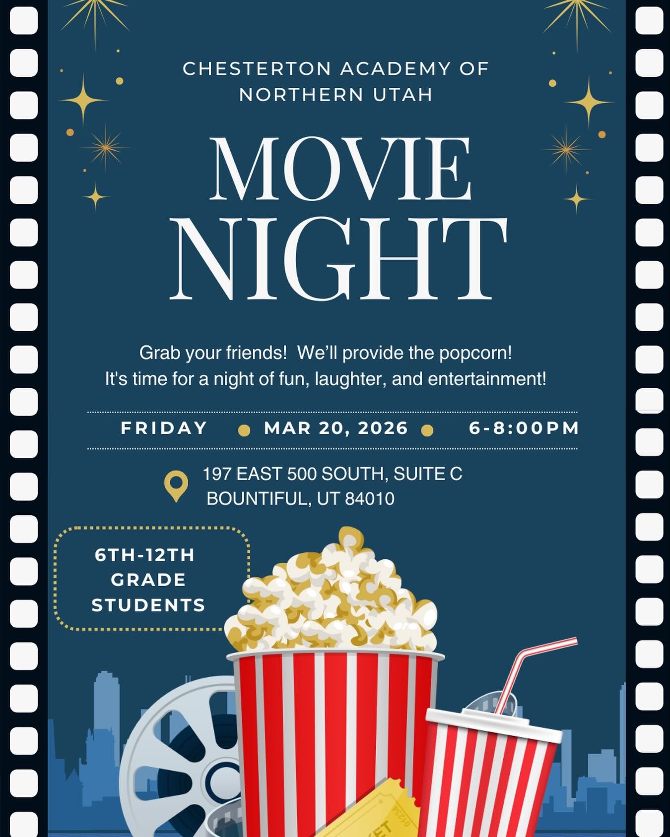 Join us for Movie Night at CANU! 

All students from 6th-12th grade are invited to join us for a movie night at our campus in Bountiful. We will be watching a favorite classic&mdash;The Princess Bride. We&rsquo;ll provide the drinks and popcorn. Feel