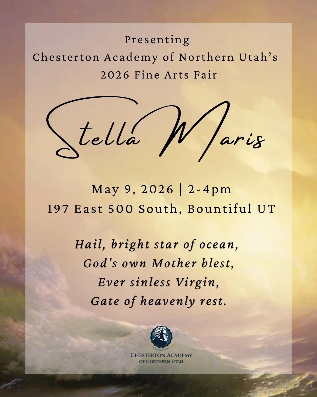Join us for our Spring Arts Fair
May 9, 2026 
Chesterton Academy of Northern Utah Campus
197 East 500 South
Bountiful Utah

Choral Performance 2-3pm
Art Show and Reception 3-4pm

#chestertonacademy #chestertonschoolsnetwork #classicaleducation #class