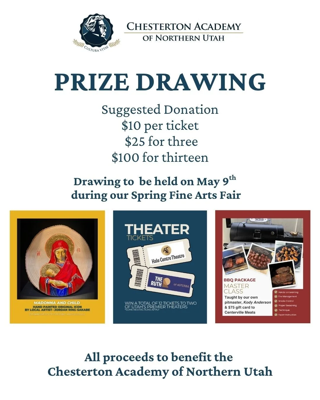 2026 CANU Prize Drawing

Enter online for a chance to win one of three amazing prizes:

Marian Icon:
Painted by local Catholic artist Jordan Ring-Sakabe. This is an original hand painted icon created exclusively for the Chesterton Academy of Northern