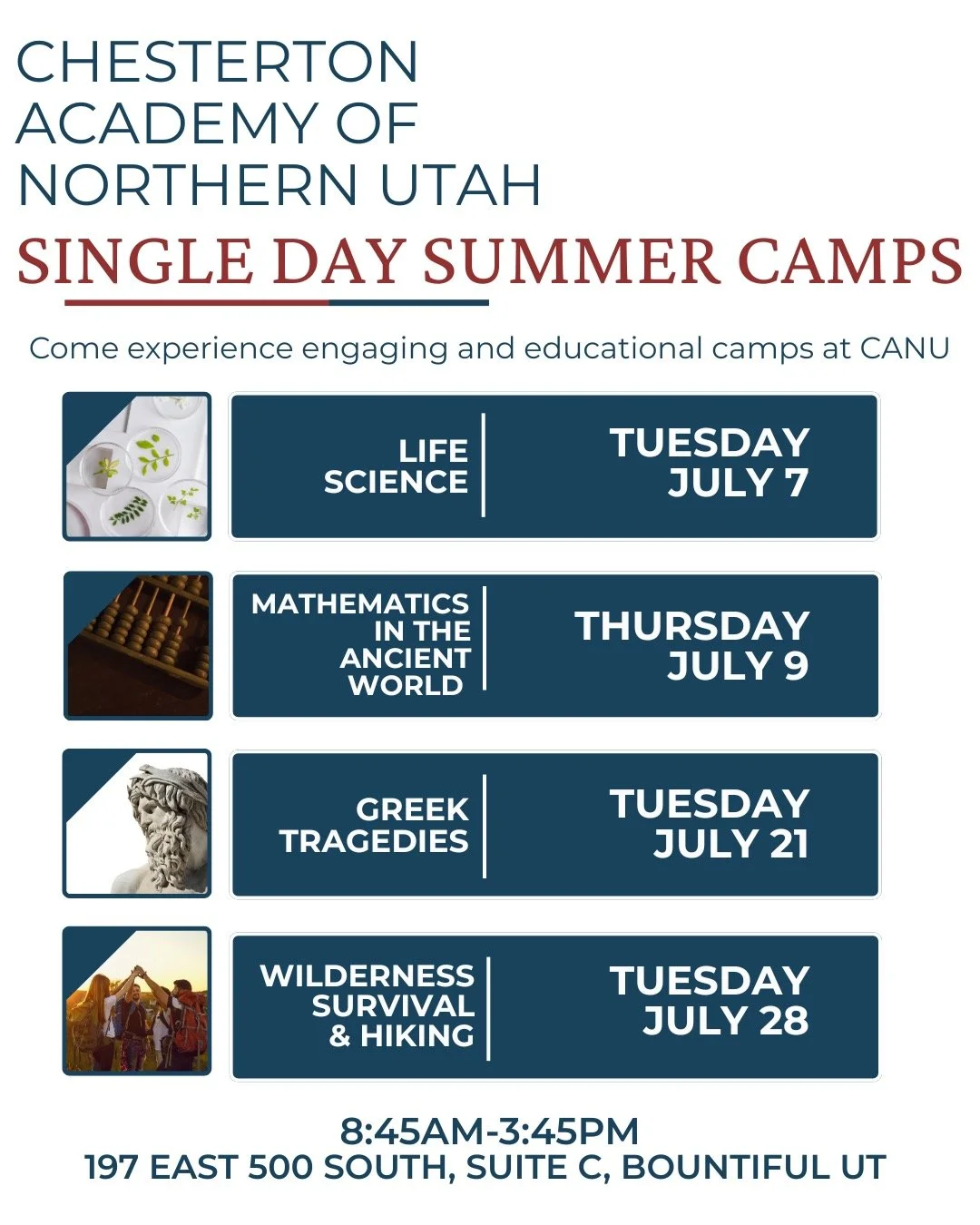 Come experience engaging and educational camps at CANU! 
Camps are designed for students entering grades 6-10 for the 2026-2027 school year

Single Day Camps
July 6, 9, 21 &amp;28

Life Science-July 6
Mathematics in the Ancient World-July 9
Greek Tra