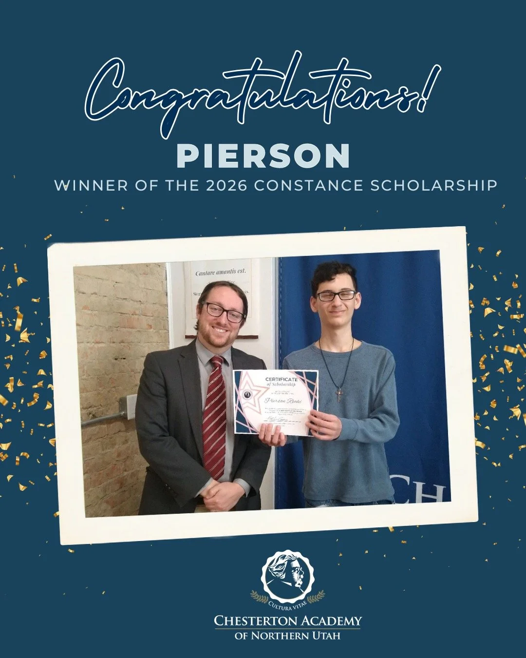 Congratulations to Pierson R., Class of 2030, on being awarded the 2026 Saint Constance Scholarship for Musical Achievement. 

Chesterton Academy students are exposed to a wide variety of music that they perform chorally several times a year. An educ