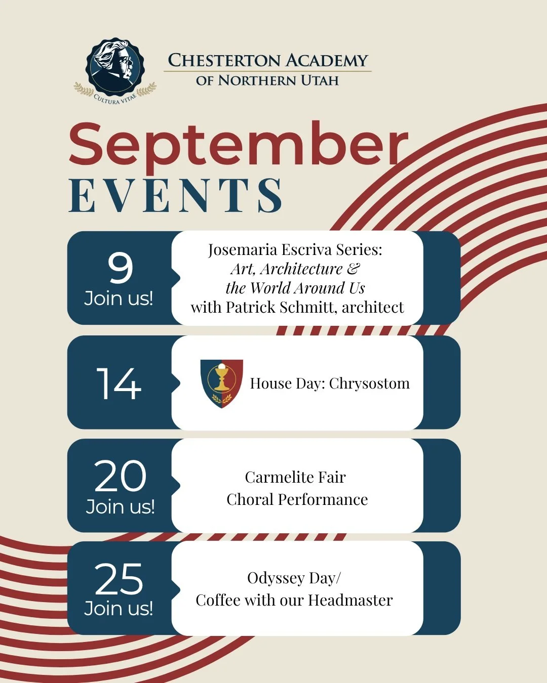 CANU September Events 
Join us for our first community event at CANU--Art, Architecture &amp; the World Around Us by architect Patrick Schmitt--the first of our Saint Josemaria Escriva speakers of the 2026/2027 academic year. 

House Chysostom kicks 