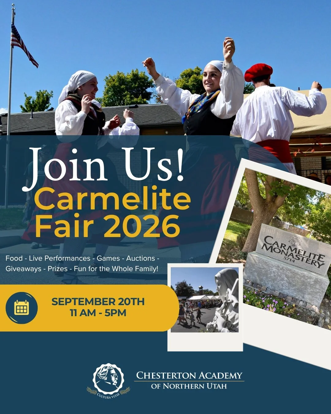 Our student choir will be performing at the Carmelite Fair!

Come join us and enjoy a day filled with fun for the whole family while supporting the Sisters of the Carmelite Monastery in Utah. 

CANU performance at 4 pm

Support the Contemplative Life