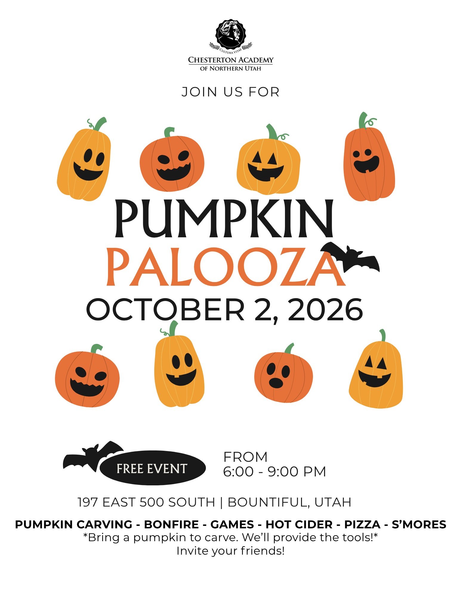 Join us for pumpkin carving, pizza, s&rsquo;mores, and more at our campus in Bountiful. Make new friends! Meet our Headmaster! Tour our school! 
Register at https://tinyurl.com/PumpkinPalooza2026 #chestertonacademy #chestertonschoolsnetwork #classica