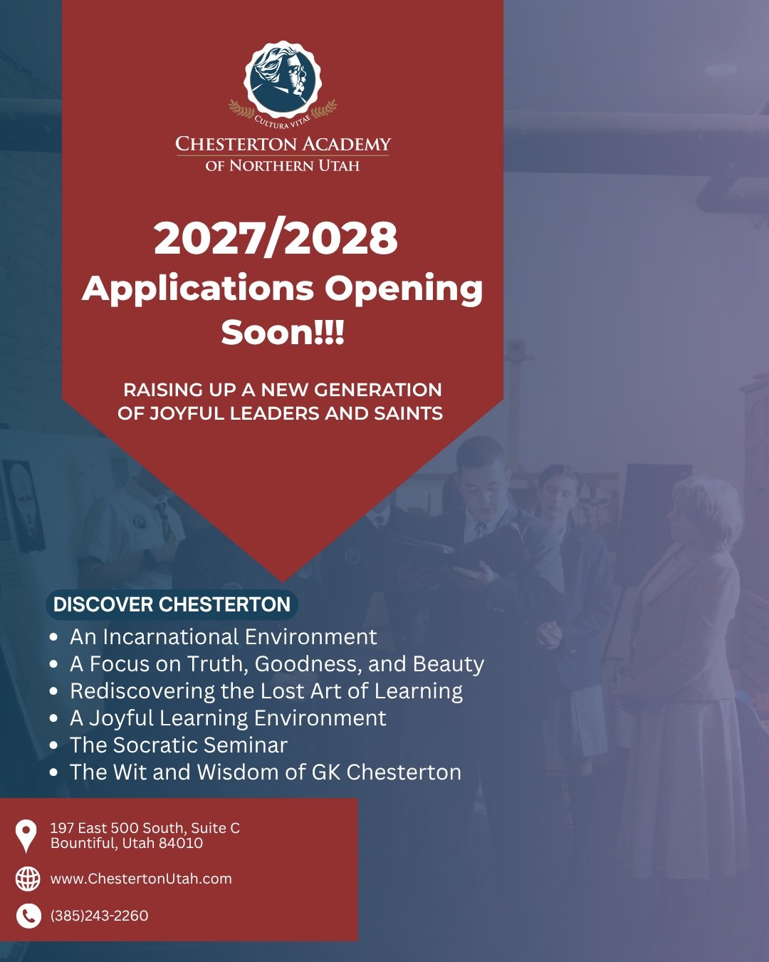 Applications for the 2027/2028 Academic Year will open soon. Stay tuned! #chestertonacademy #chestertonschoolsnetwork #classicaleducation #classicaleducationinutah