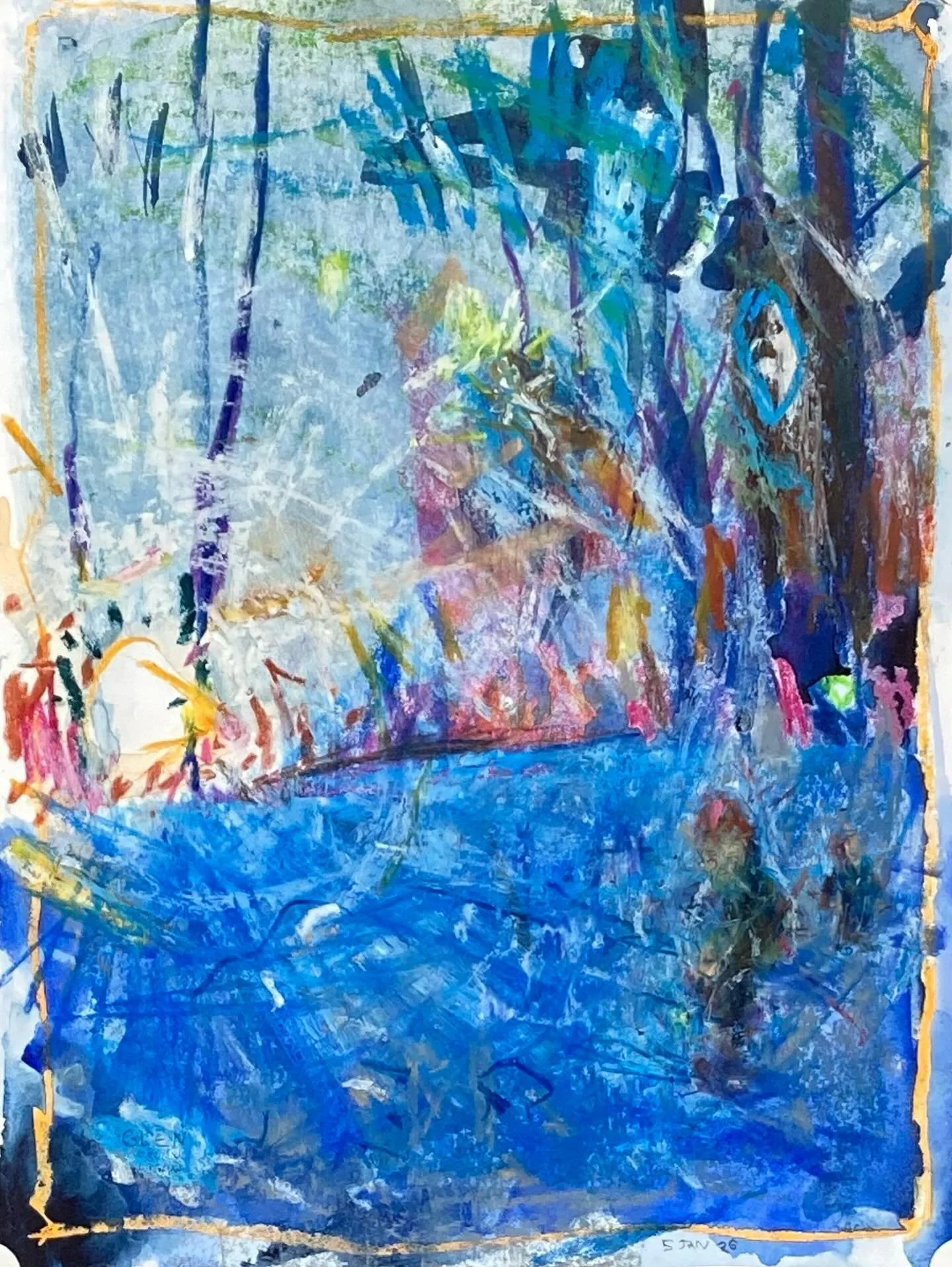 This was painted from a photograph but I added some invisible people. &ldquo;Sudden Sun 1,&rdquo; crayon and watercolor, 9x12&rdquo; 2026