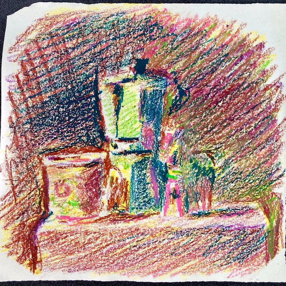 Day 4, Central Vermont Refugee Action Network's March Arts Marathon. Please sponsor! Link in bio. https://givebutter.com/MAM2026/glenhutcheson
Camera Obscura Still Life 1 green-pink, 2026, crayon on paper, 9" square. Made using a camera obscura.