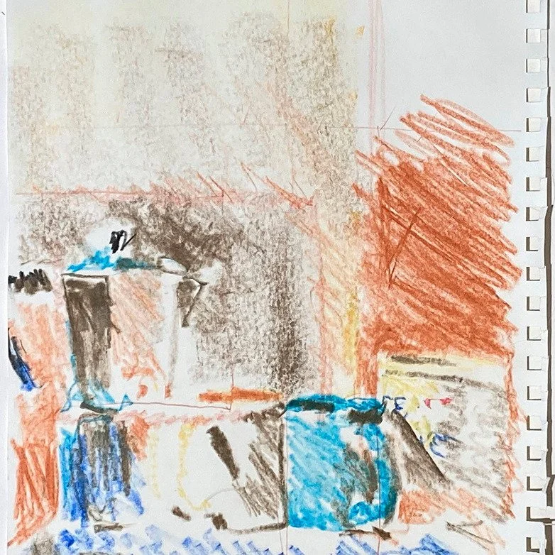 March 8, Central Vermont Refugee Action Network's March Arts Marathon. Please sponsor! Link in bio. 
Camera Obscura Still Life 5, 2026, crayon on paper, 9" x 12". Made using a camera obscura.
