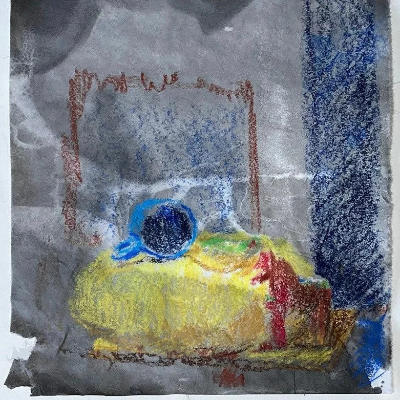 March 15, Central Vermont Refugee Action Network's March Arts Marathon. Please sponsor! Link in bio. 
Camera Obscura Still Life 12, 2026, crayon and sumi ink on paper, 9" x 12". Made using a camera obscura.