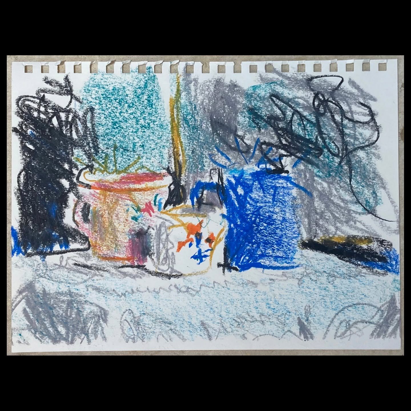 March 23, Central Vermont Refugee Action Network's March Arts Marathon. Please sponsor! Link in bio. 
Camera Obscura Still Life 19, 2026, crayon on paper, 12" x 9". Made using a camera obscura.