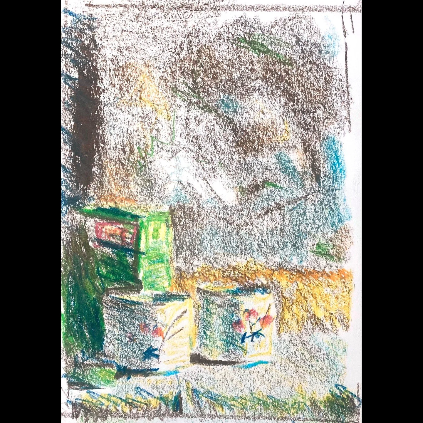Hey! We're in the last few days of my Refugee Action Network fundraiser, so if you've been enjoying it please consider a contribution (link in bio).
Camera Obscura Still Life 23, 2026, crayon on paper, 9" x 12". Made using a camera obscura.