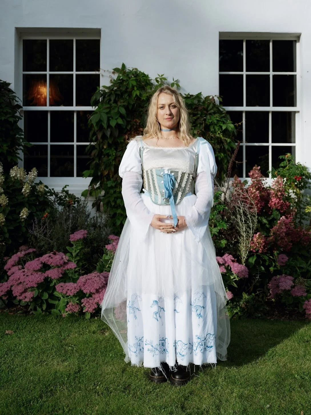 Completely bespoke Elopement dress for Eva 🐇

What a magical commission to work on. Loved it so much! We did so much. Spending our nights considering vintage laces, silks and even drawing a bespoke Angel horse which is hand printed around the hem of