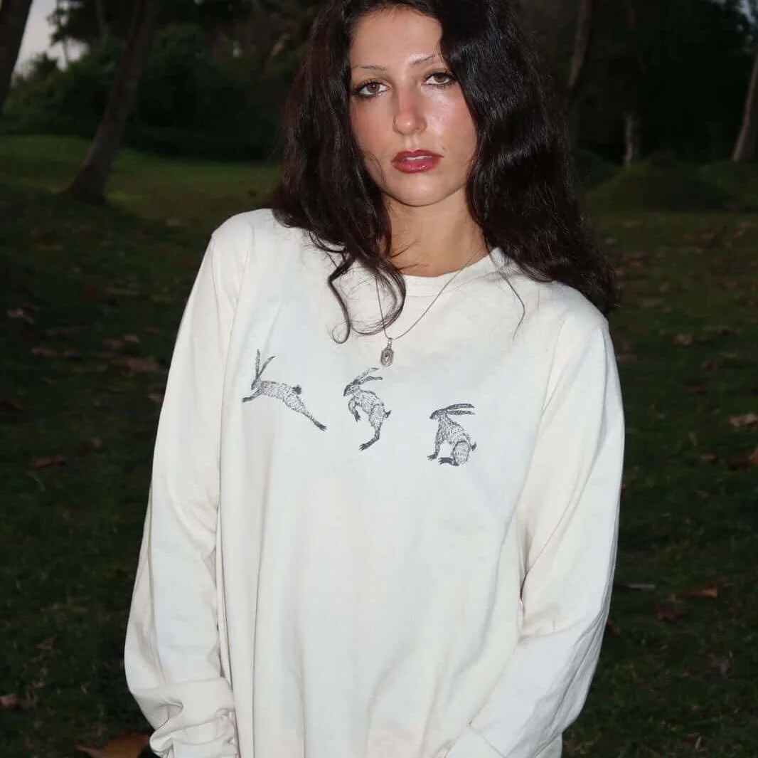 The moon looks great tonight 🌸 🔥🐇

Saturday - @saladdaysmarketlondon - Battersea power station - 11am til 6pm

Limited numbers of fantastical things 🐇

You will find: the running rabbit long sleeve worn here by @shelbylala_ 
Hand painted one off 