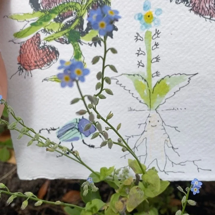 Garden scene forget me nots 🖌️

Hand drawn flowers &amp; beetle 🪲 
Screenprinted rabbit artwork (2 of 5)
Painted with inks and little fabric paint!
Stamps 
on khadi paper 

&pound;70 - message me to purchase x