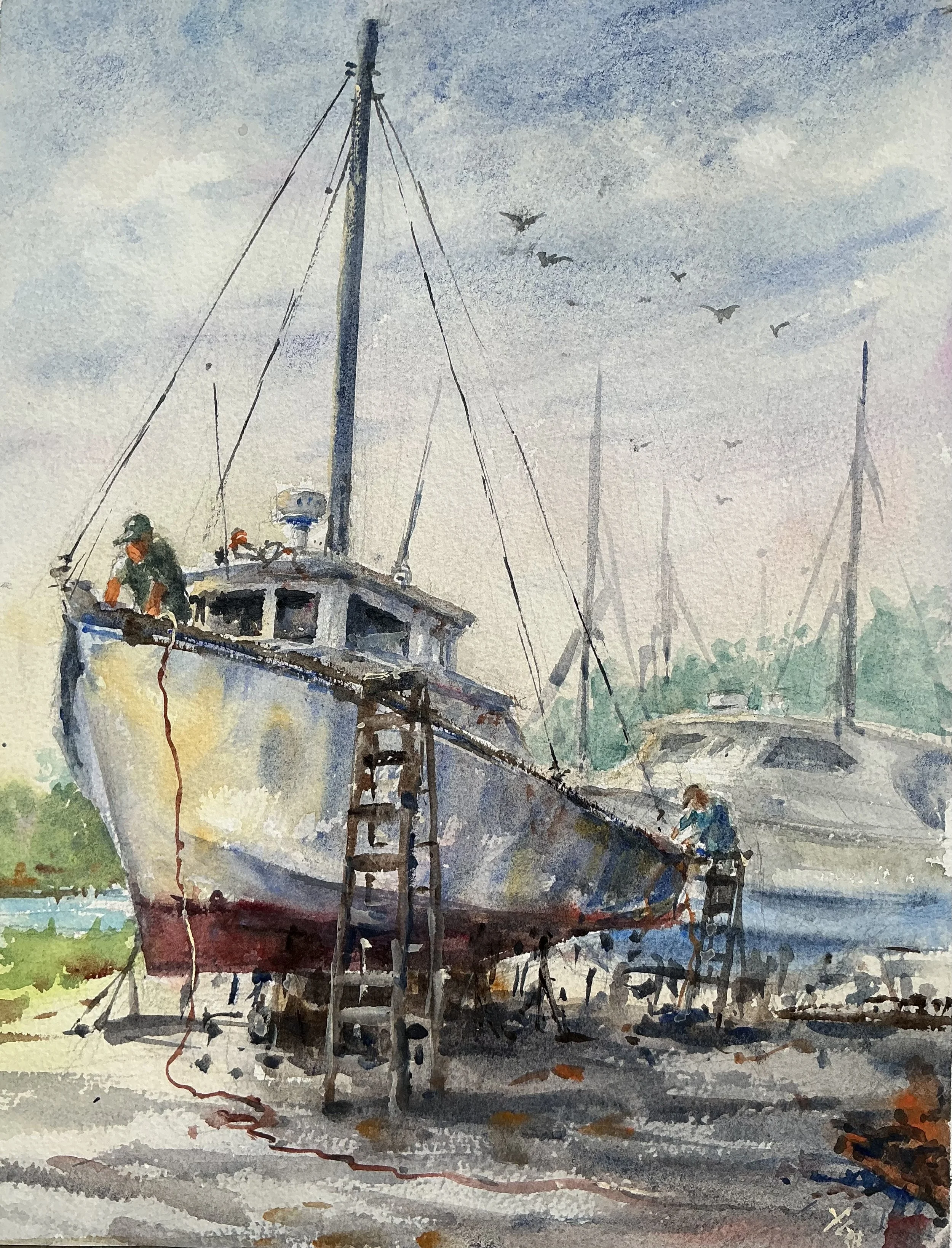 Sanding the Boat  14x11