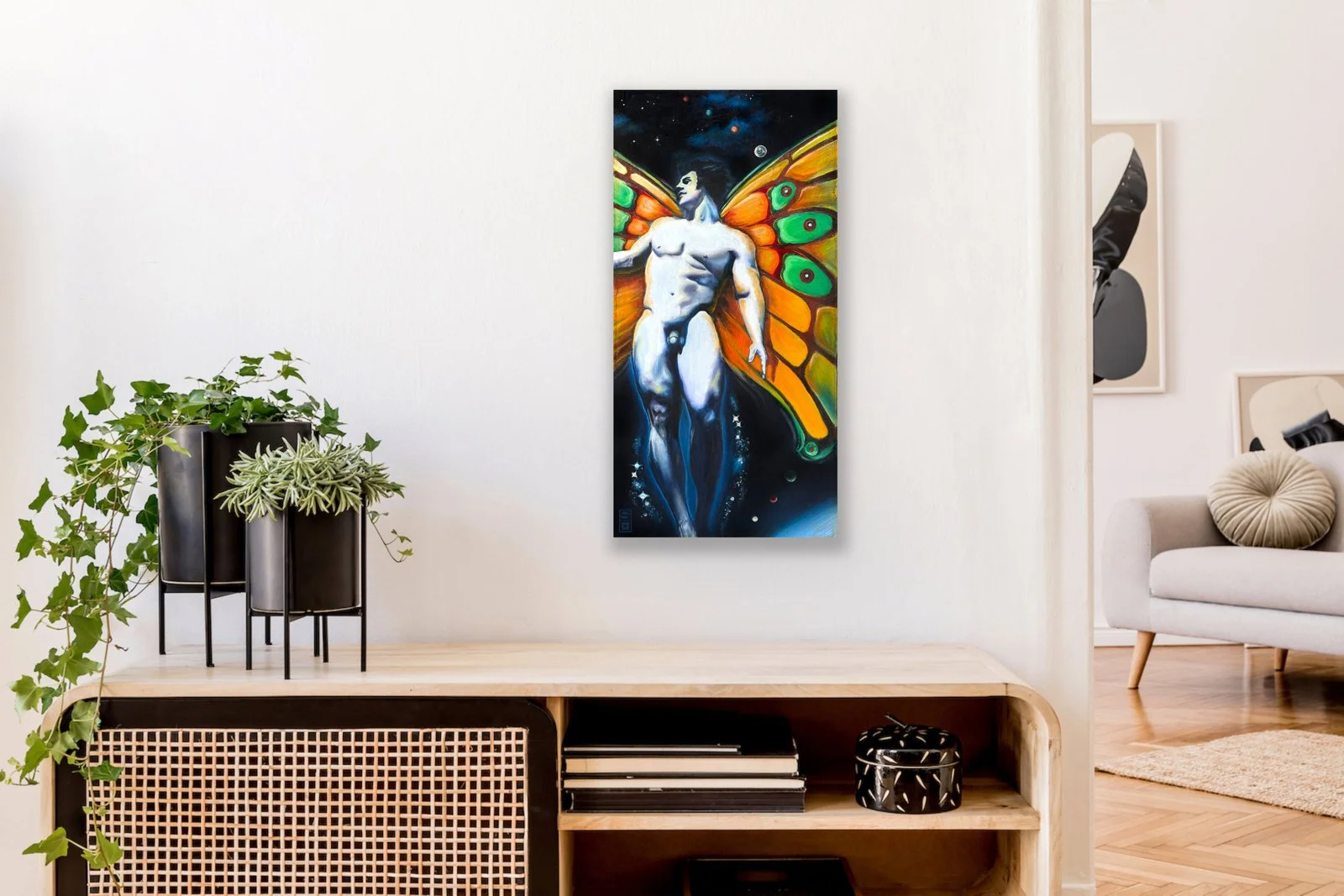 Magical figurative nude butterfly ascending in space art print decor.