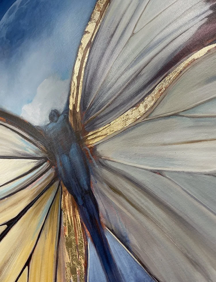 Surreal figurative butterfly art print with gold leaf detail.