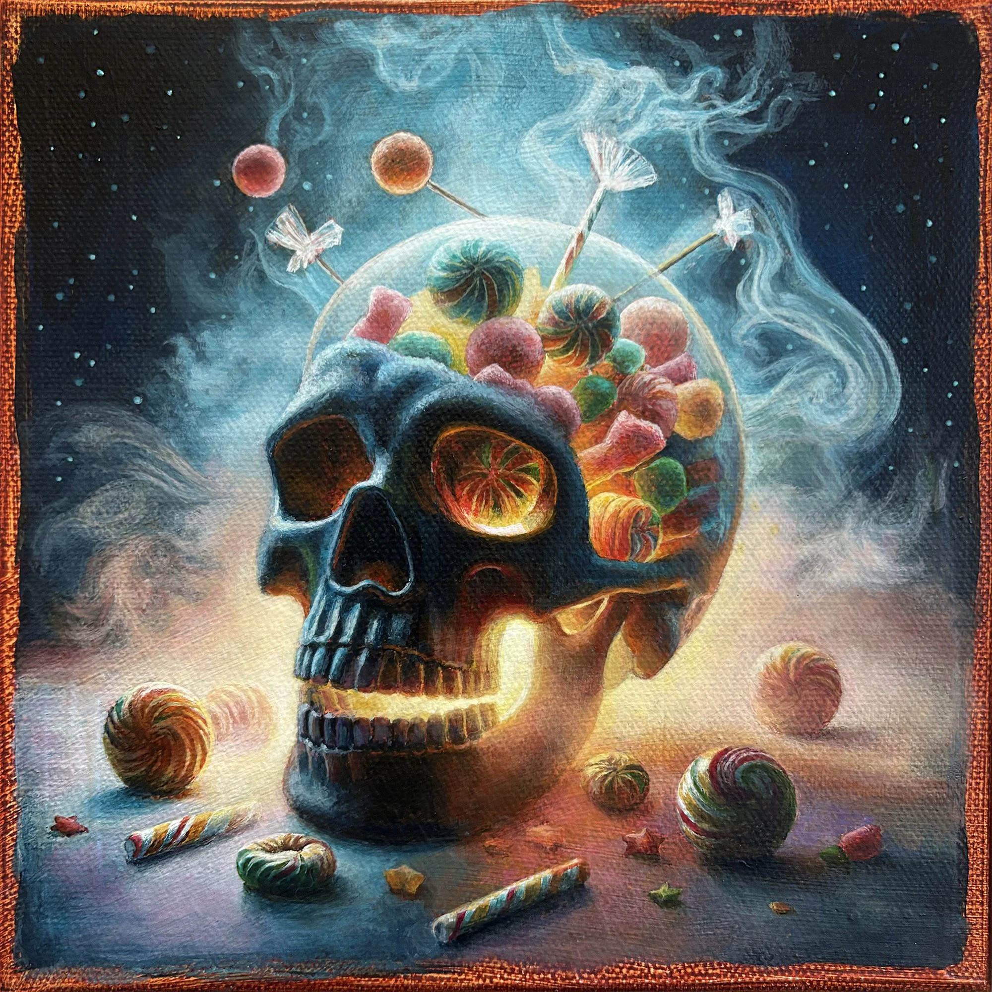 Surreal spooky smoky glass skull with candy print.