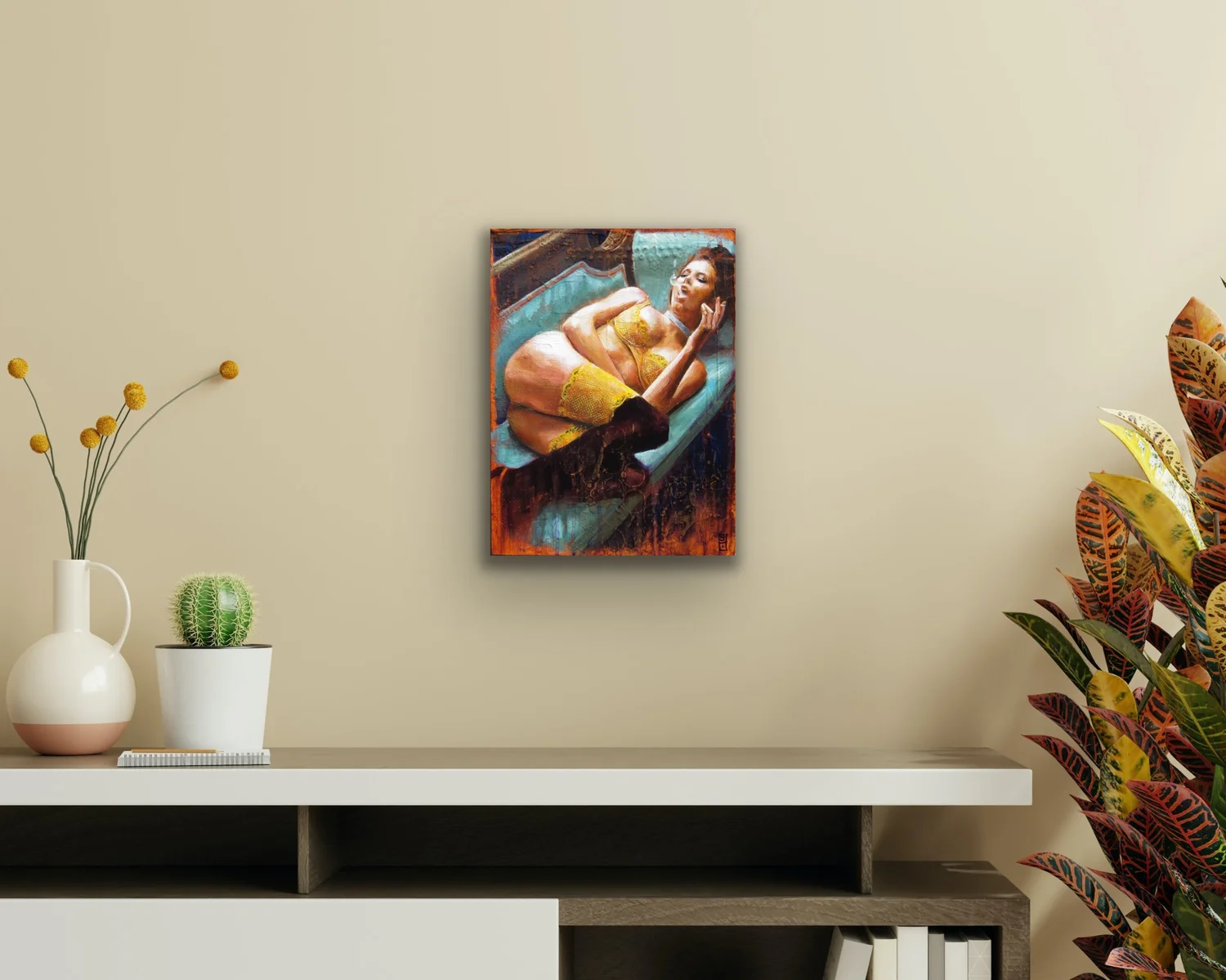 Sexy Vintage Art Print of Woman in Yellow Lingerie Lying on a Love Seat  Smoking — Unreal Art of Stacy D'Aguiar