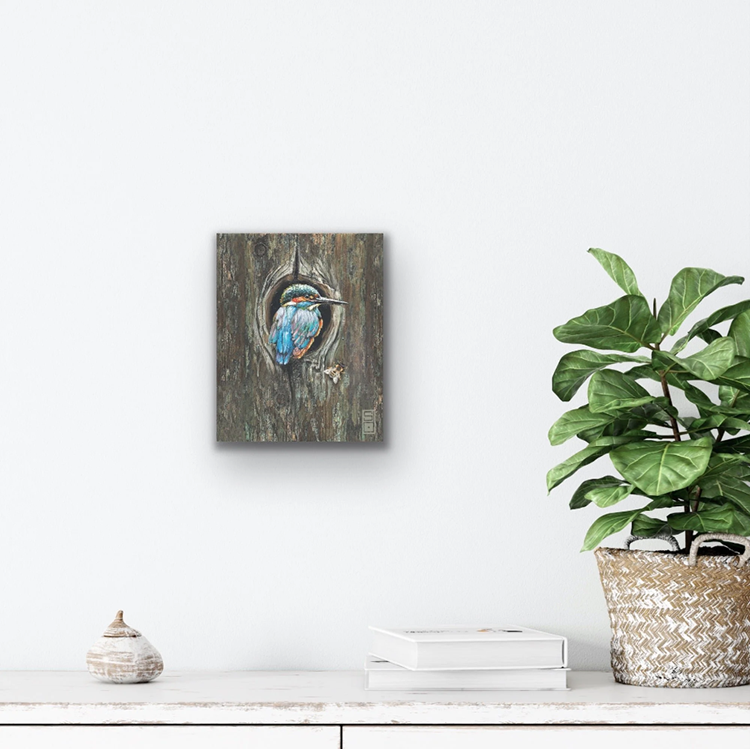 Surreal bird portal kingfisher with bee wood print decor.