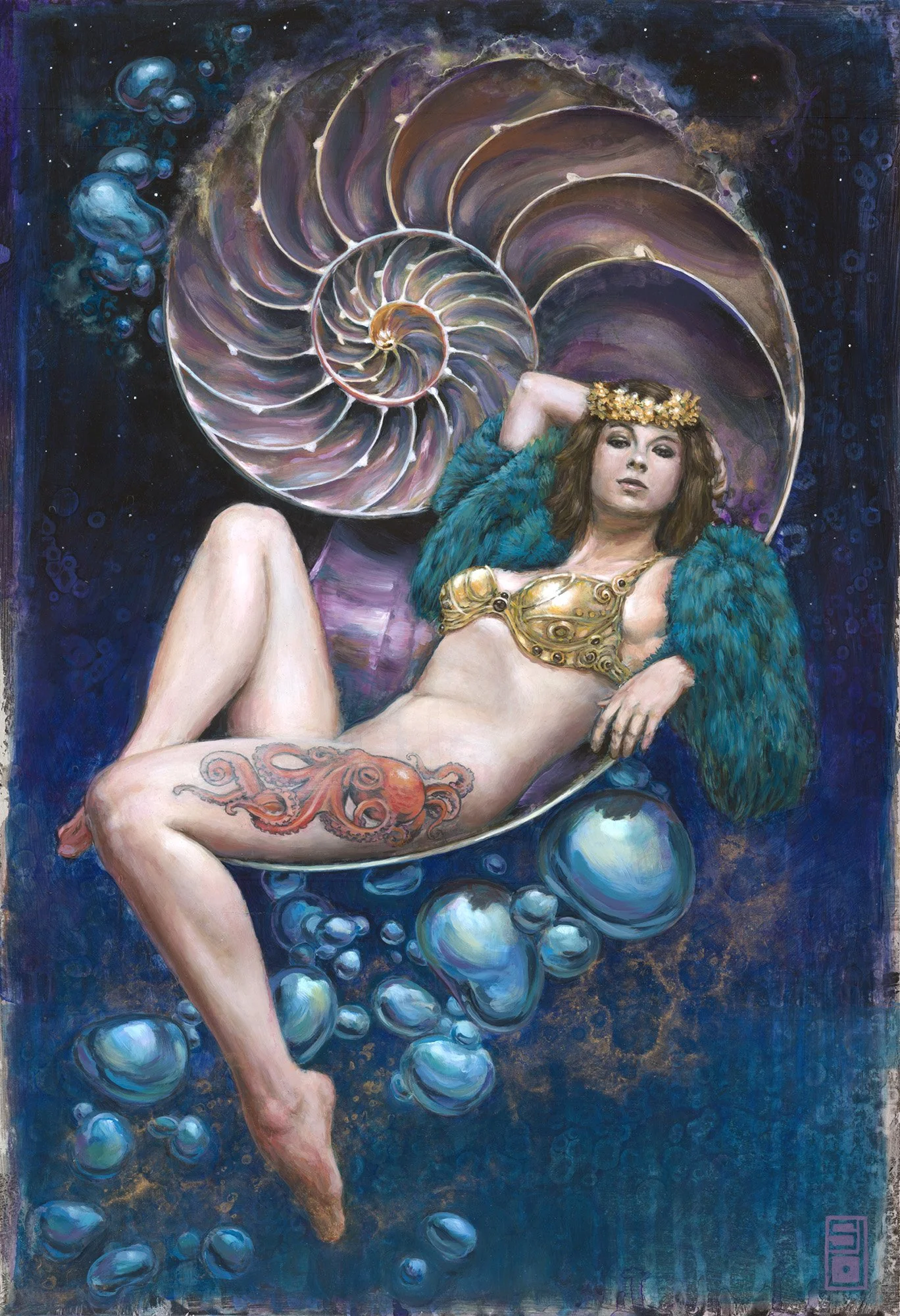 Surreal goddess nautilus figurative painting on aluminum with octopus tattoo.