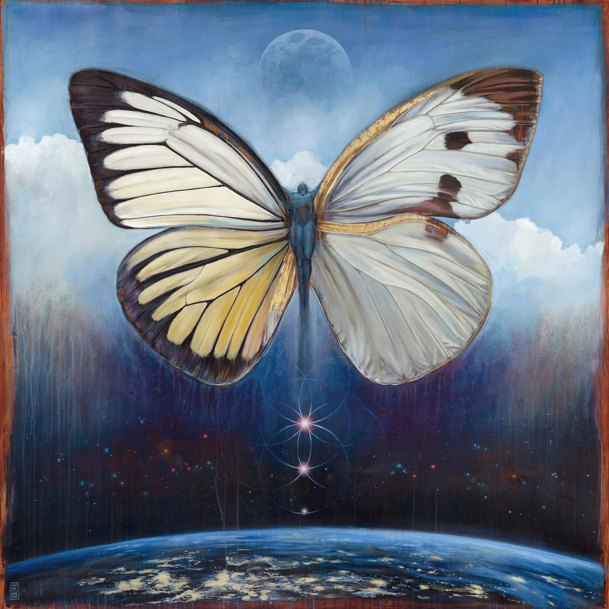 Surreal figurative butterfly ascending above earth towards the moon with clouds art print.