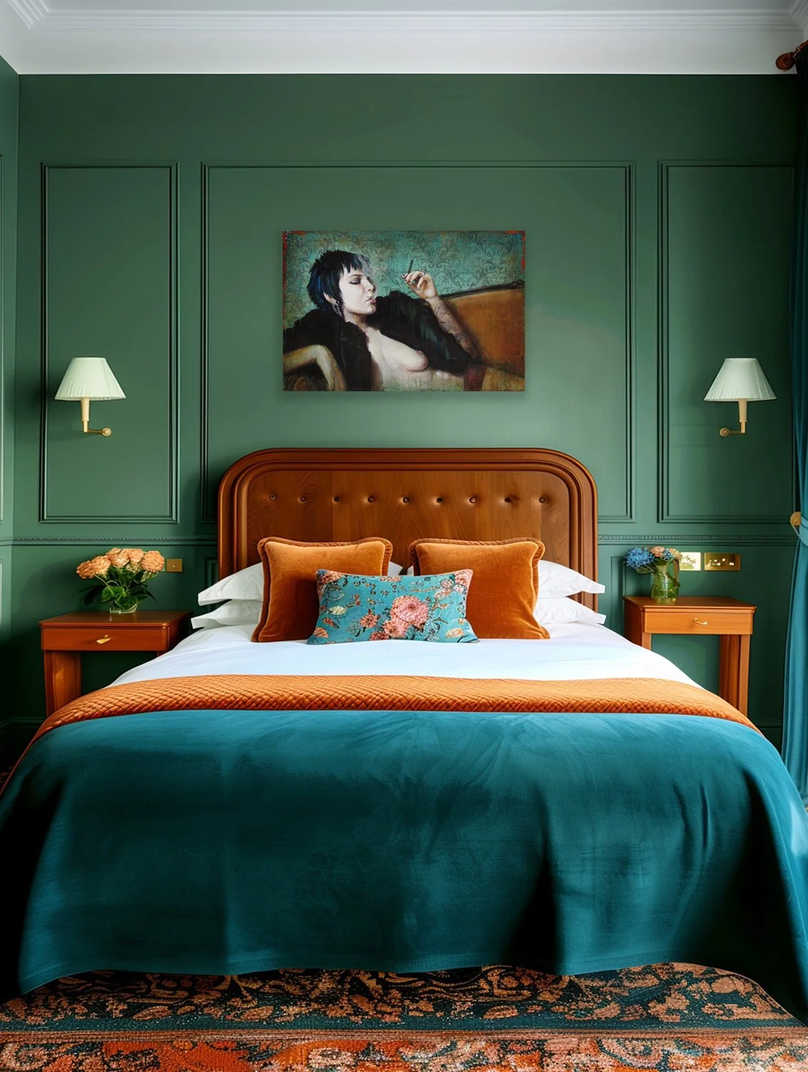 Sexy surreal vintage figurative afterglow art print of reclining woman with fur coat smoking decor.