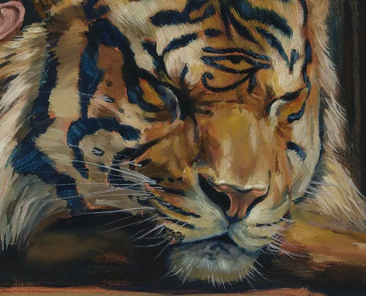 Surreal tiger art print detail.