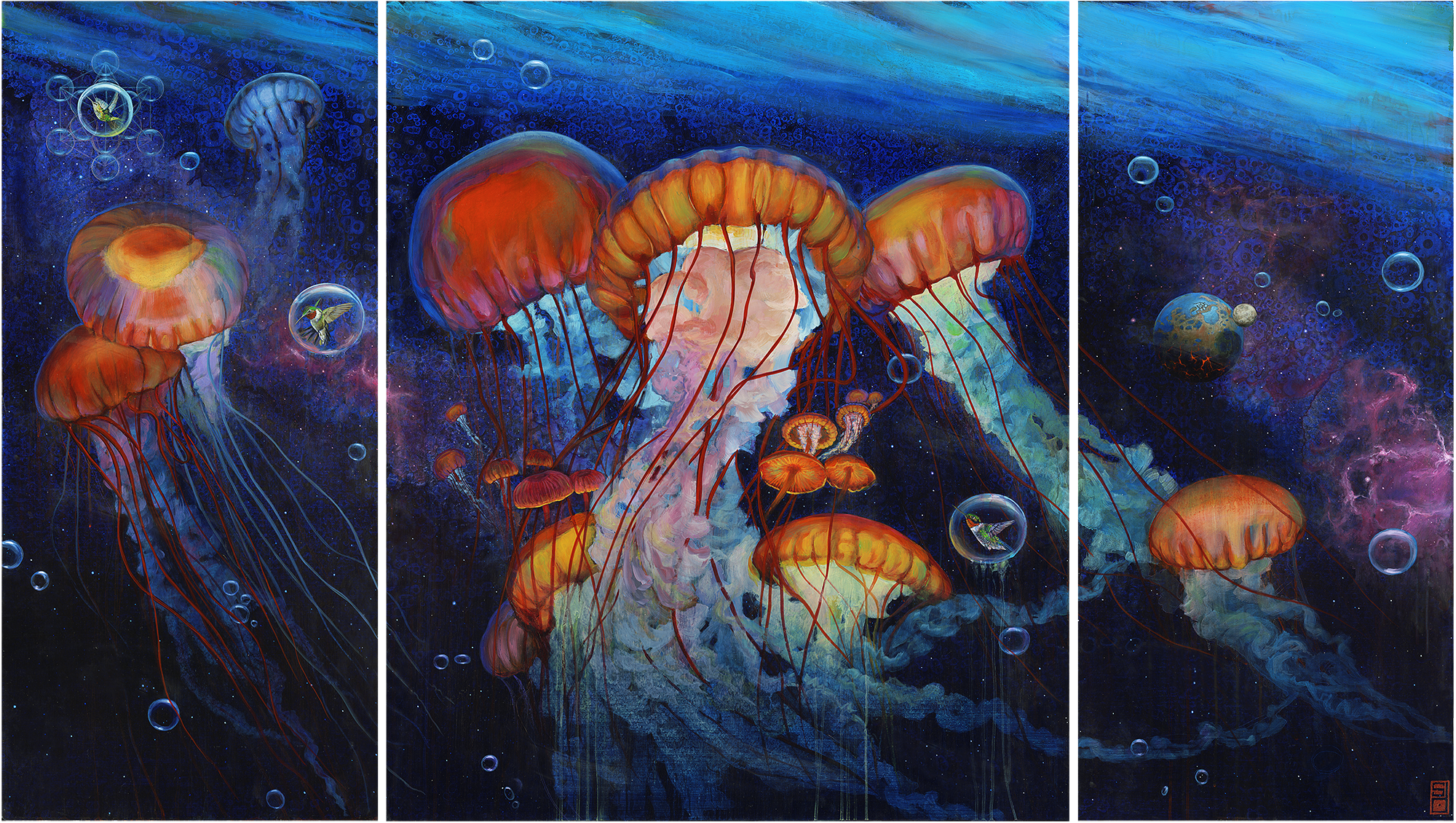 Dreamy surreal jellyfish in space art print with hummingbirds and Metatron's Cube Sacred Geometry.