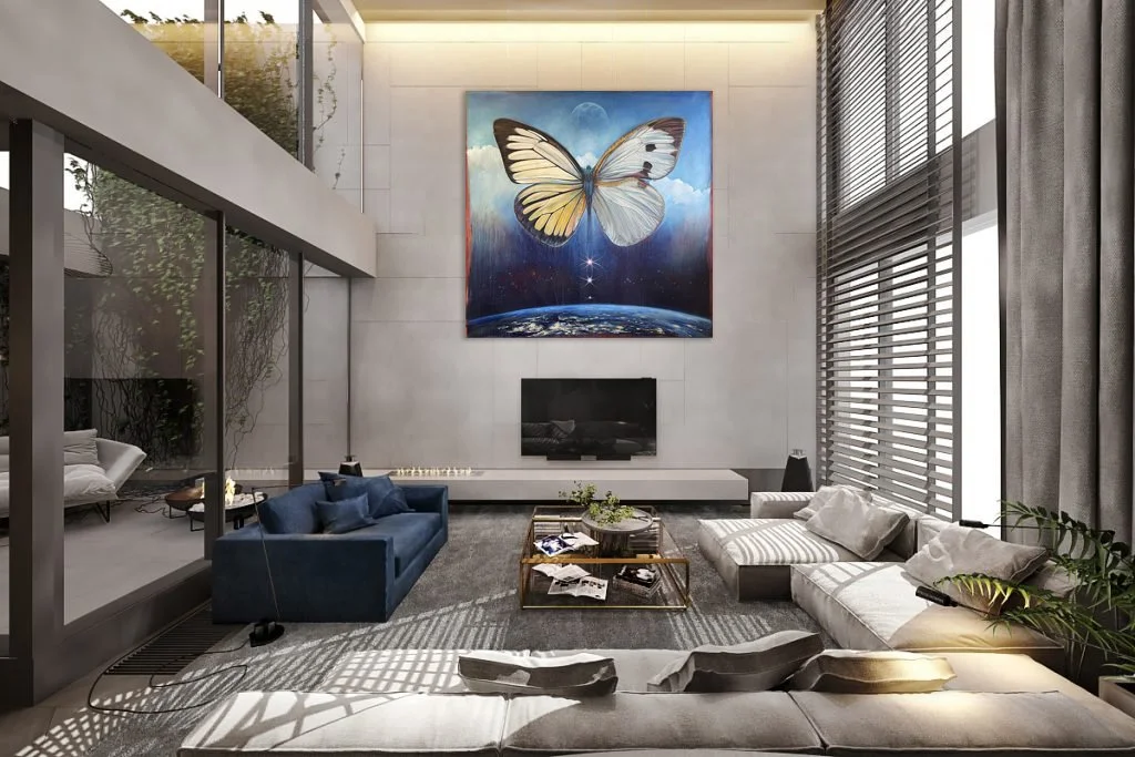 Surreal figurative butterfly Ascending above earth towards the moon with clouds art print decor.