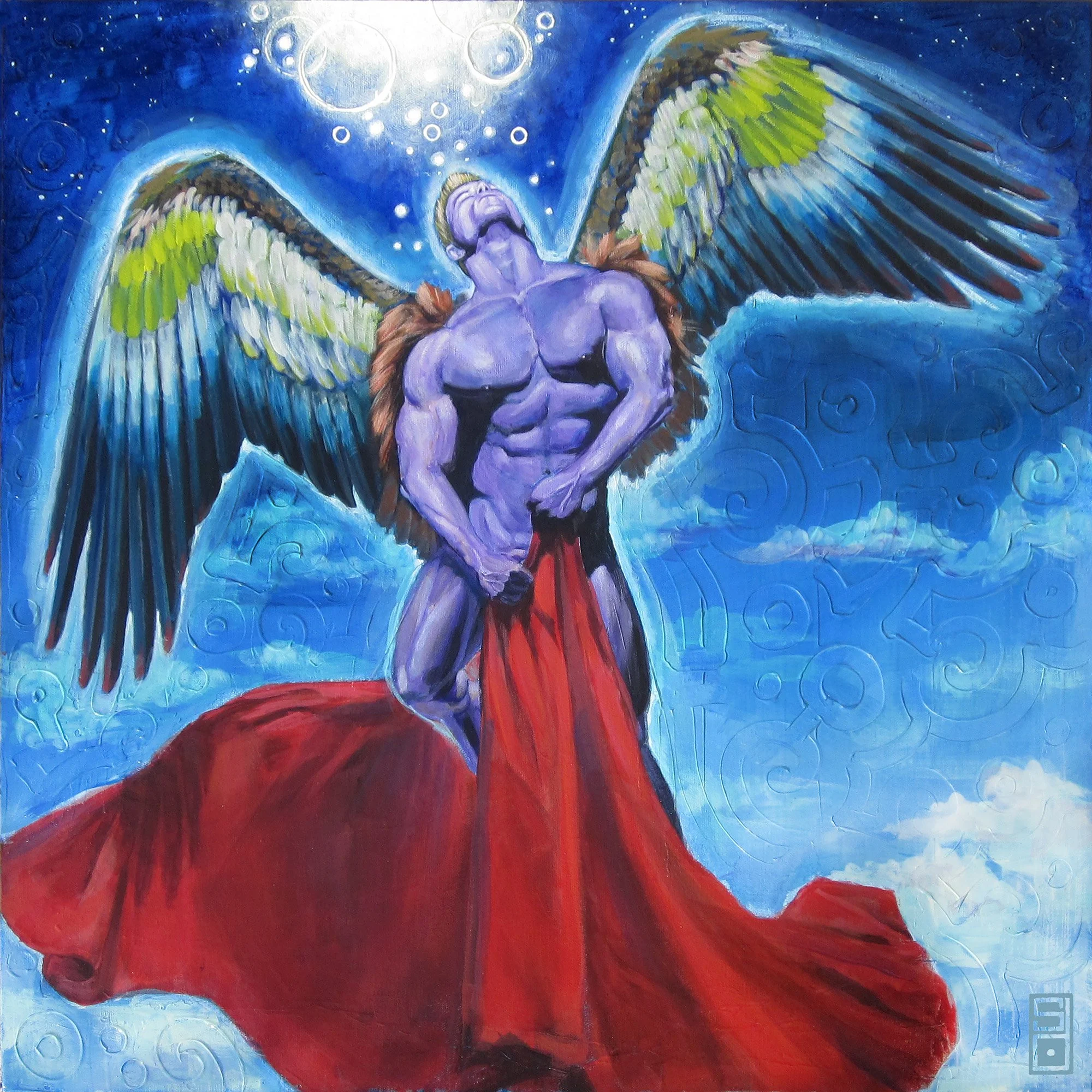Spiritual surreal angel rising in the sky with clouds art print.